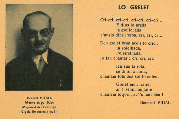 Benezet Vidal, « Lo Grelet », carte-poème, ed. Seix (Ariège) : Escolo deras Pireneos, vers 1930. Coll. CIRDÒC, IC-F/2. IMG-2 légende : Benezet Vidal, « Lo Grelet », carte-poème, ed. Seix (Ariège) : Escolo deras Pireneos, vers 1930. Coll. CIRDÒC, IC-F/2.
